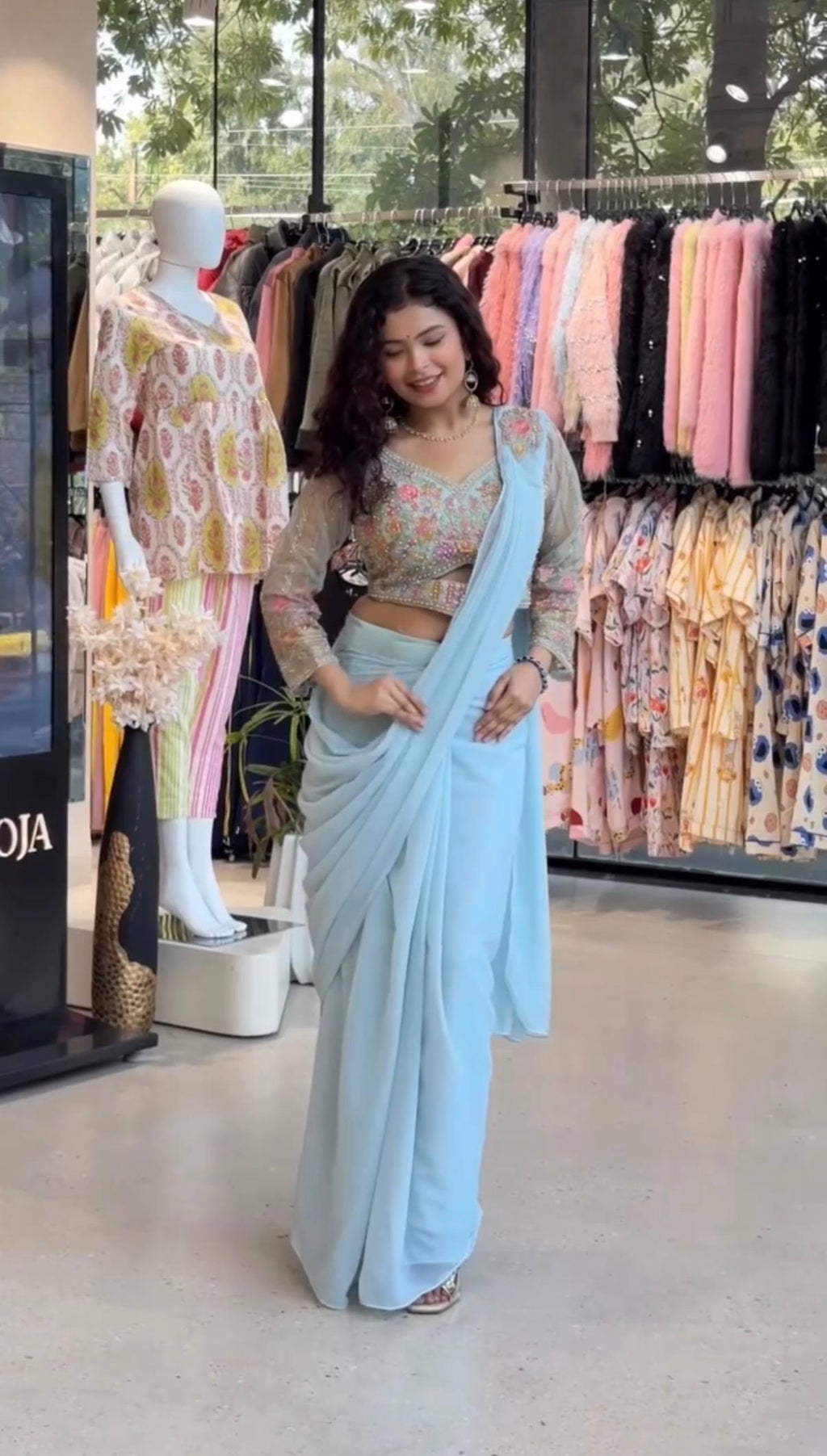 Ready to Wear Faux Georgette Saree with Embroidered Blouse, Hand Work Ethnic Outfit