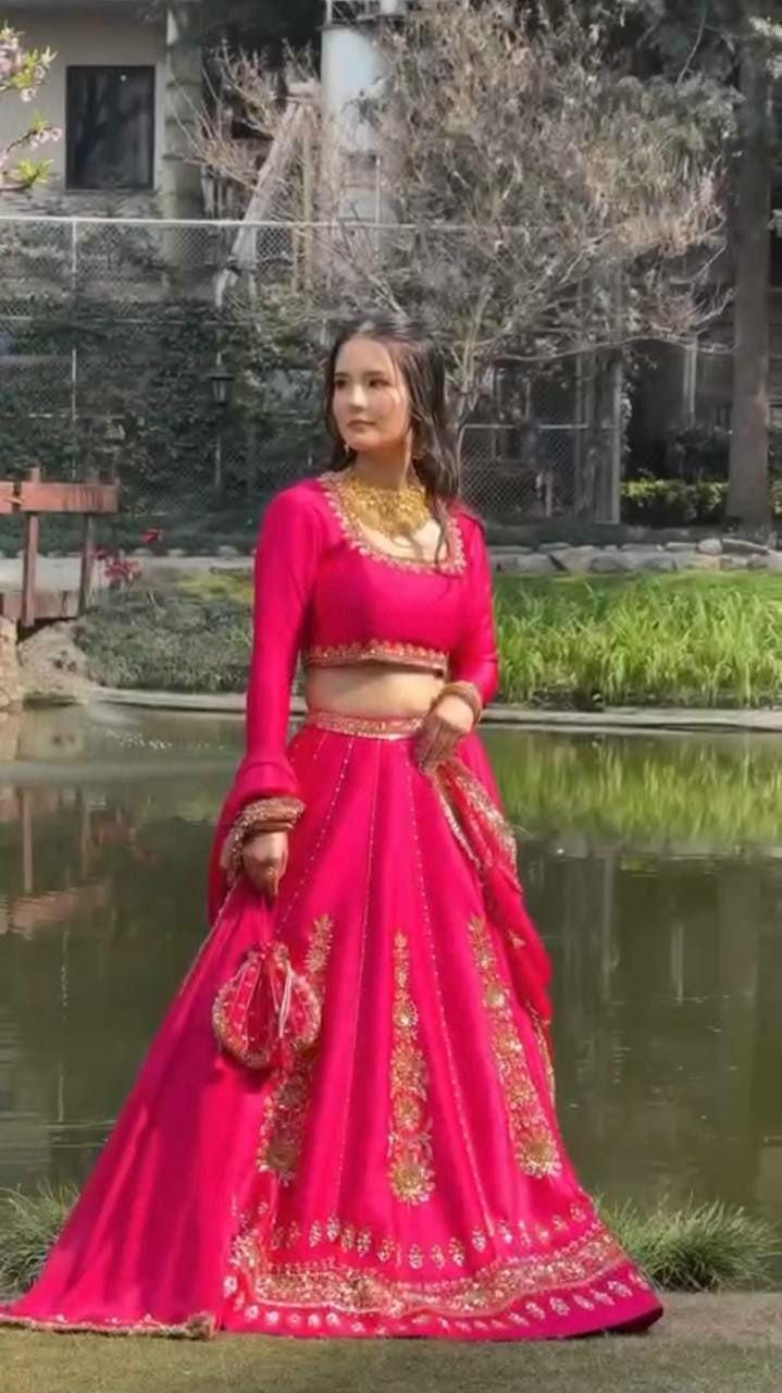 Embroidered Chinon Lehenga Choli Set | Wedding Festive Wear, Sequin Work Dupatta