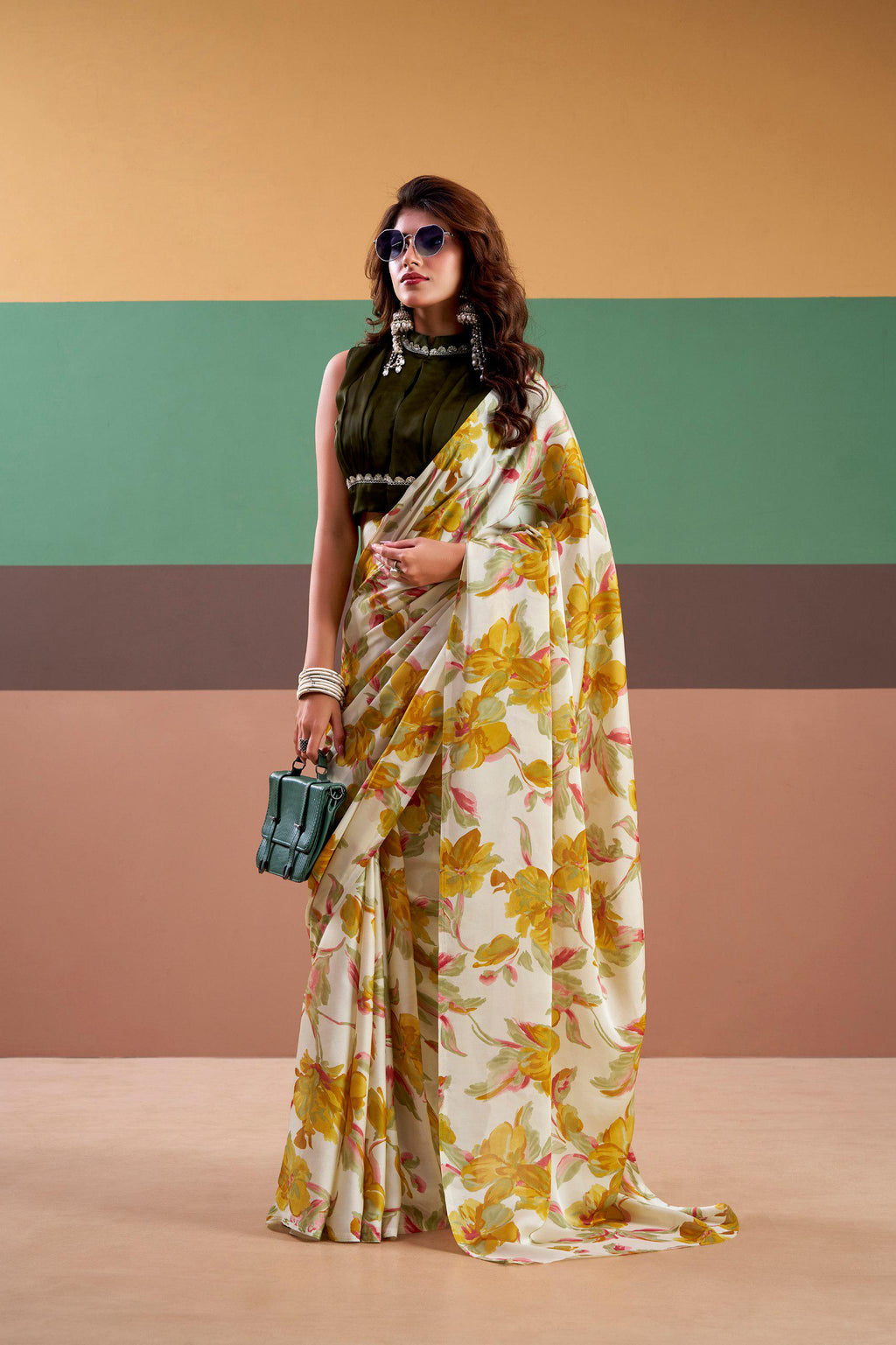 Satin Silk Floral Saree with Stitched Natural Silk Blouse, Indian Festive Party Wear