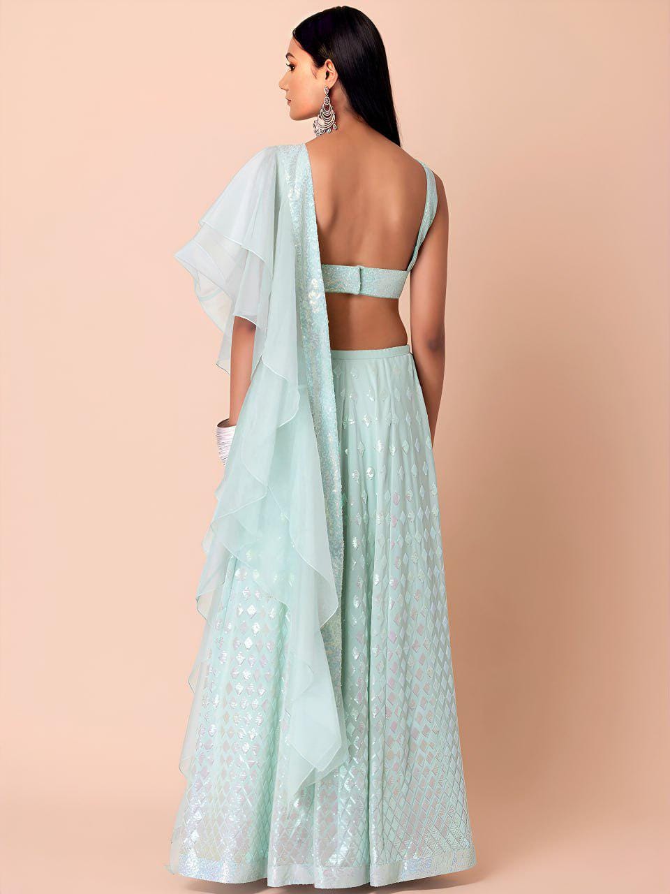 Icy Aqua Heavy Georgette Lehenga Choli | Sequin Embroidered Ruffle Dupatta, Wedding Wear