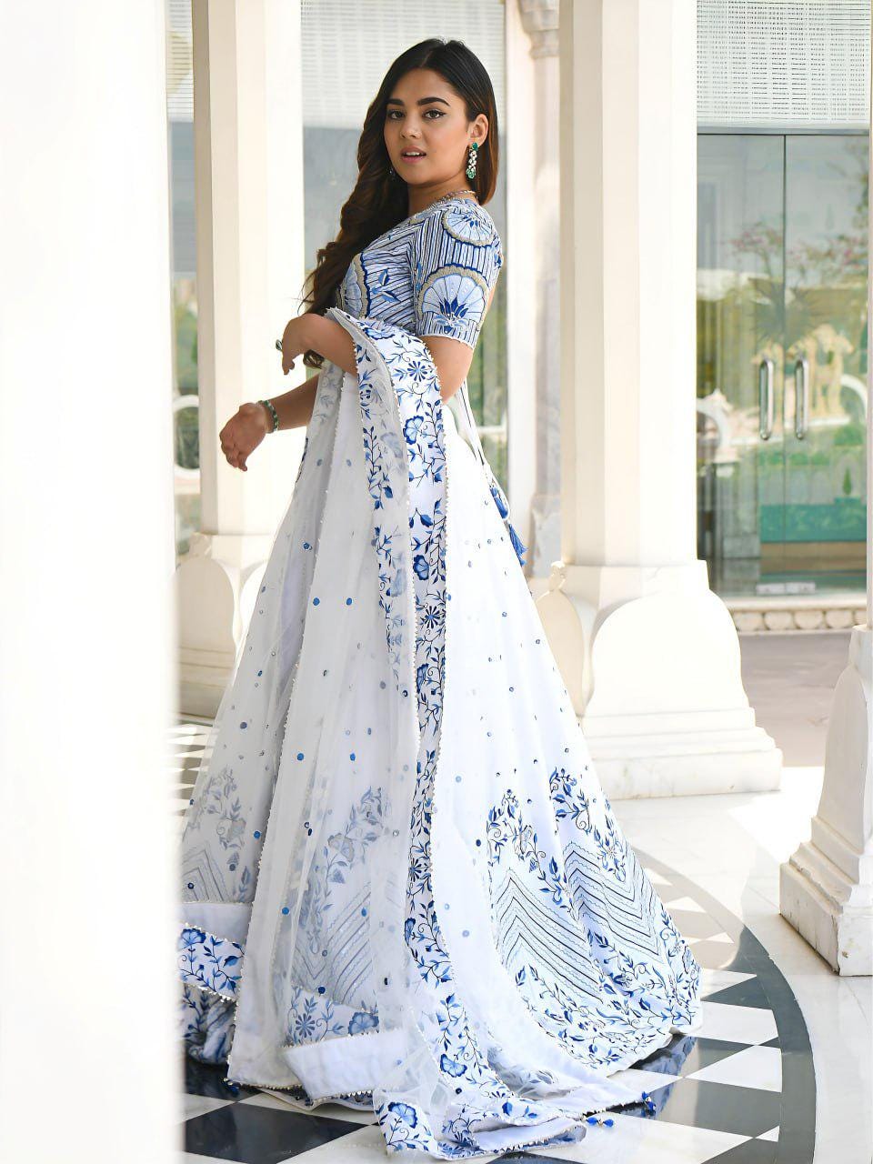 White Satin Lehenga Choli Set | Blue Floral Embroidery, Zari, Sequins, Net Dupatta