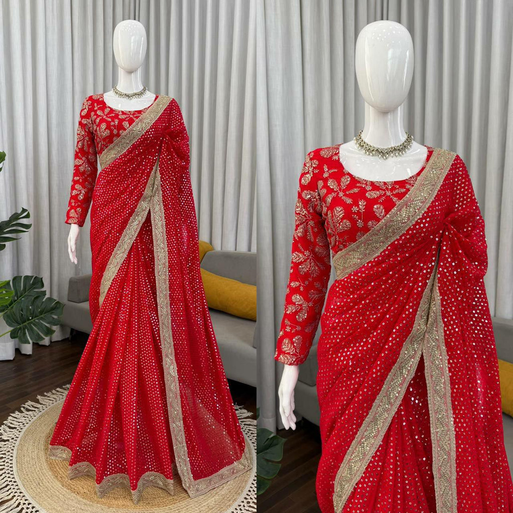 Red Faux Georgette Saree, Sequins Embroidery, Designer Party Wear, Wedding (Unstitched Blouse)