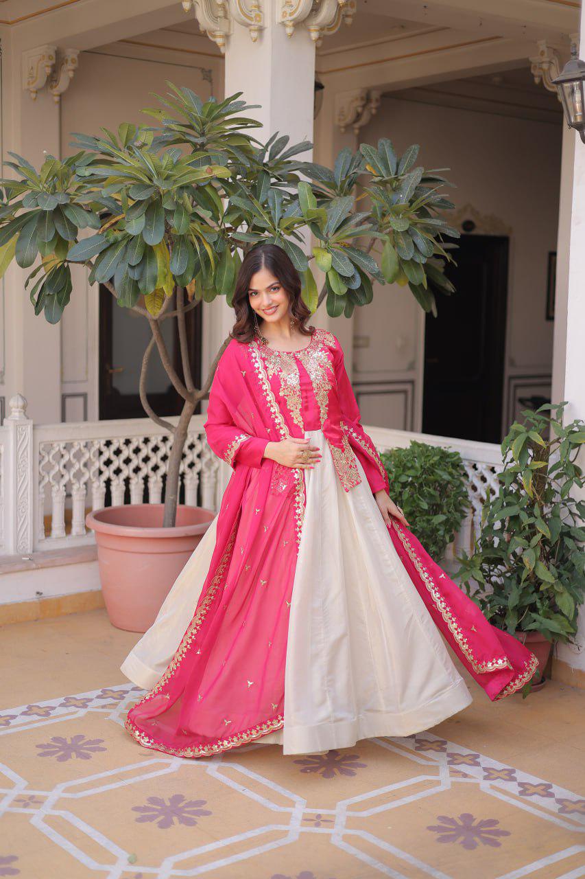 Glass Roman Anarkali Gown Set, Sequins Embroidery, Tabby Silk Dupatta, Festive Wear