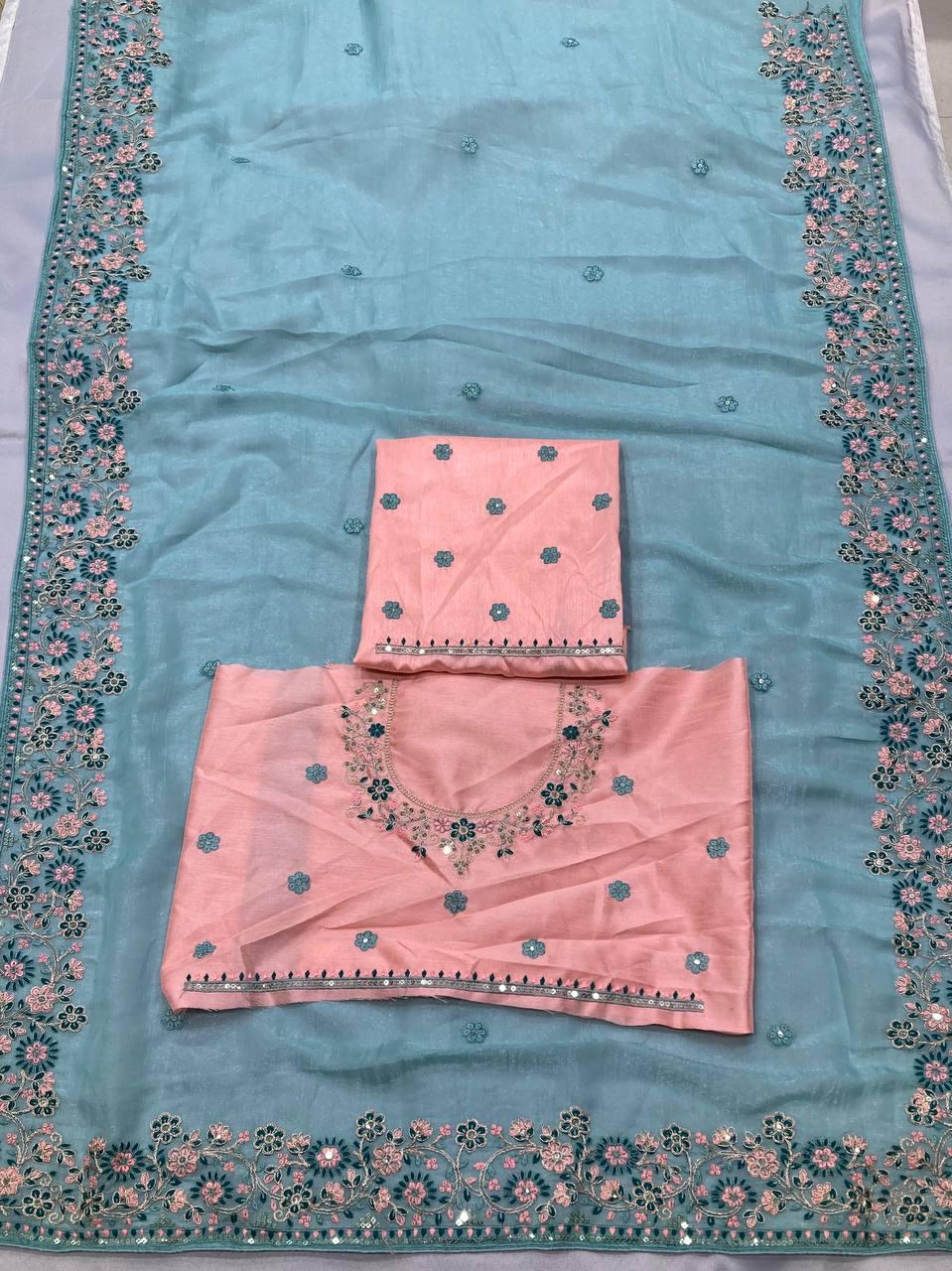 Crunchy Silk Saree, C-Pallu Embroidery, Cutwork Border, Heavy Blouse Piece