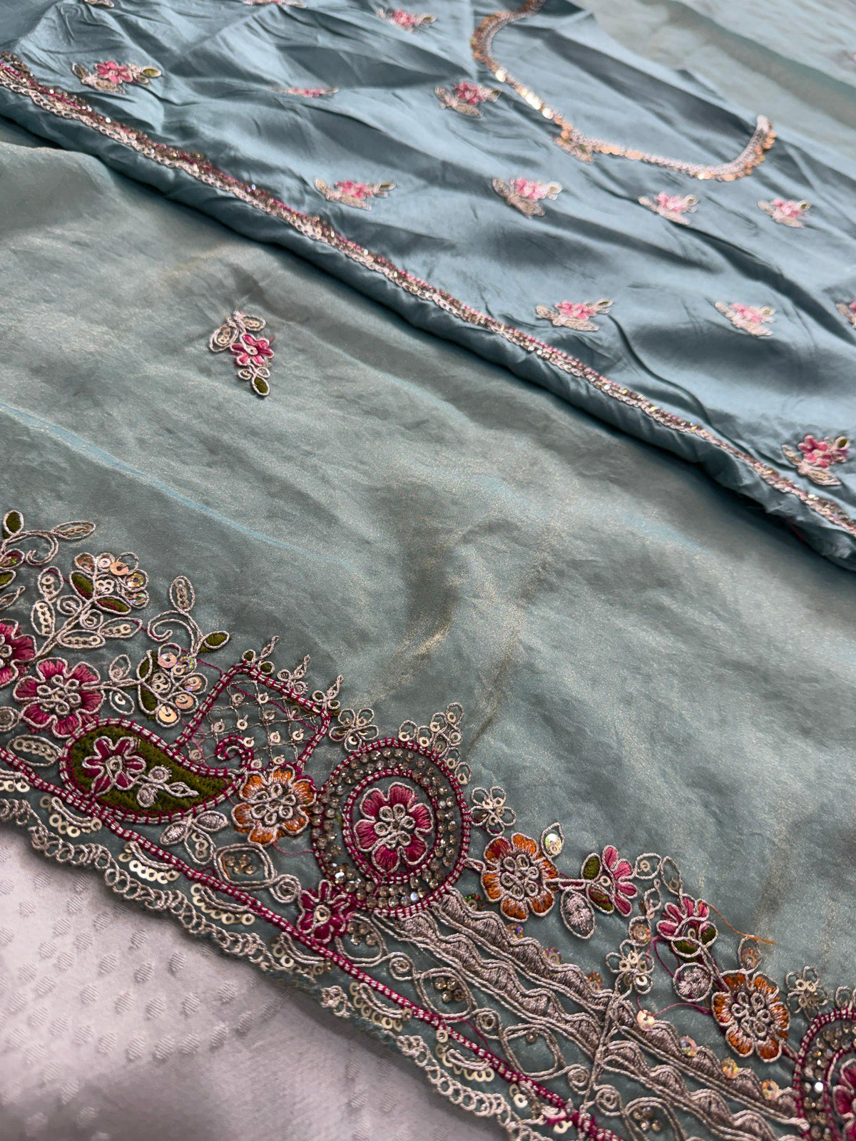 Soft Tissue Chiffon Silk Saree | Zarkan Embroidered Cutwork Border, Designer Wedding, Mono Silk Blouse