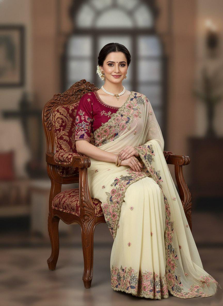 Embroidered Georgette Saree, Cutwork Border, Heavy Blouse, C-Pallu Wedding Wear