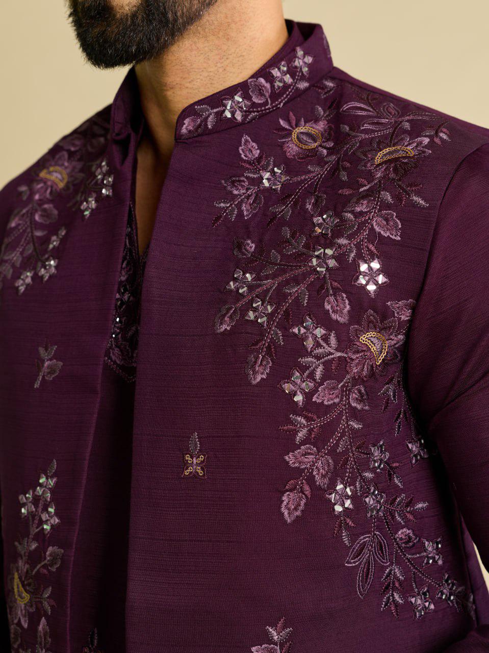 Art Silk Kurta Koti Pant Set | Mirror Work Embroidery Festive Wear