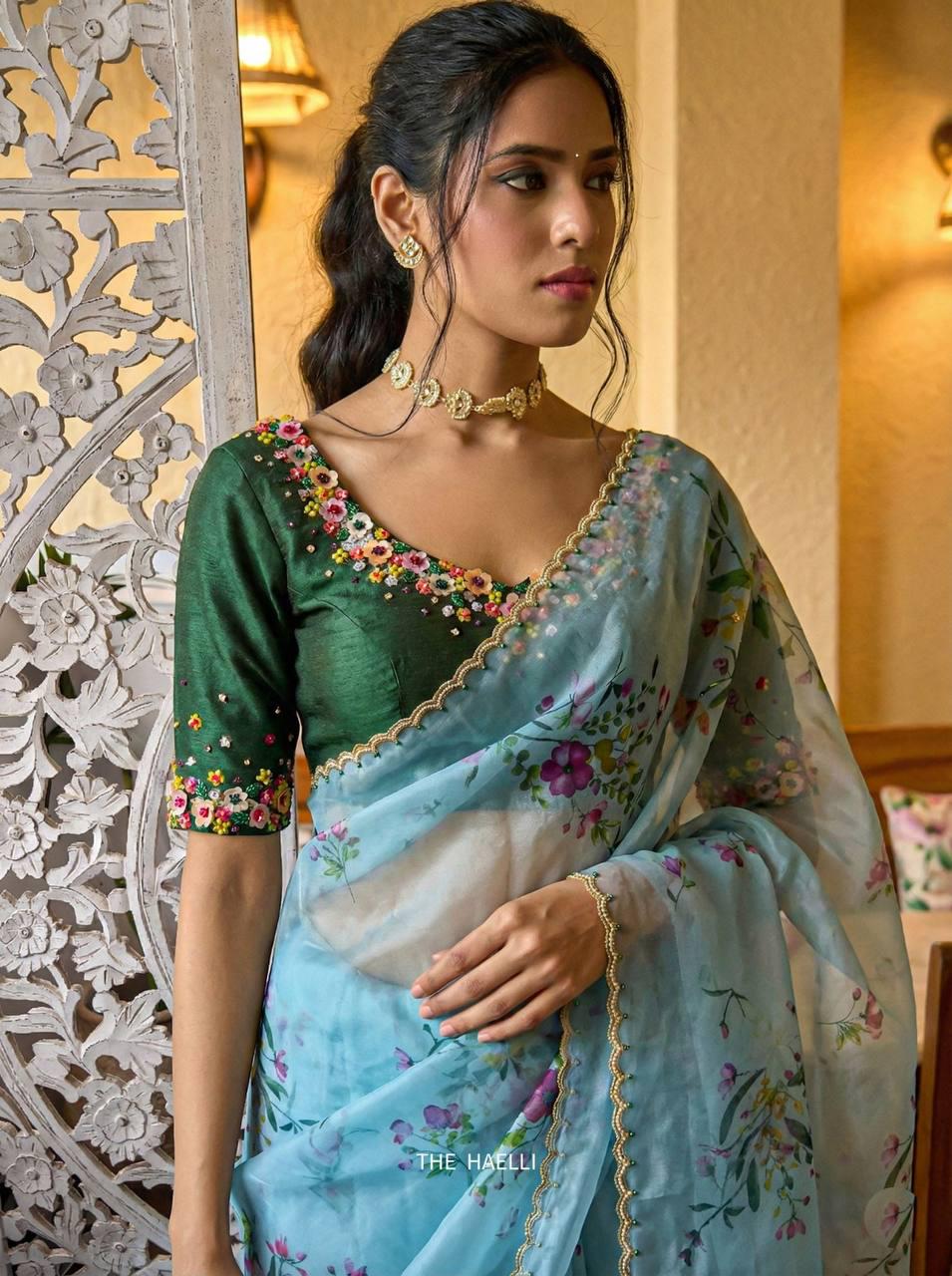 Floral Print Tabi Saree with Cut Dana Handwork, Chinon Blouse, Summer Party Wear