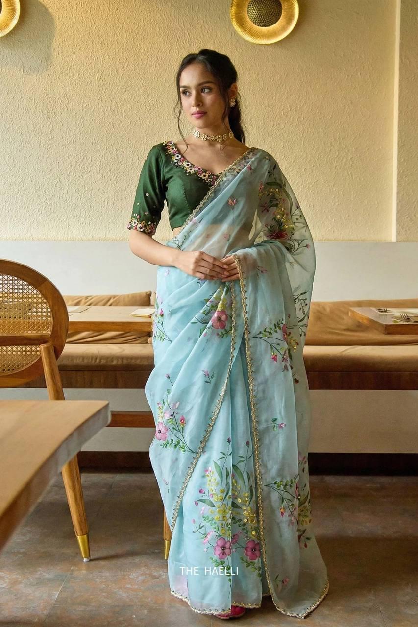 Floral Print Tabi Saree with Cut Dana Handwork, Chinon Blouse, Summer Party Wear