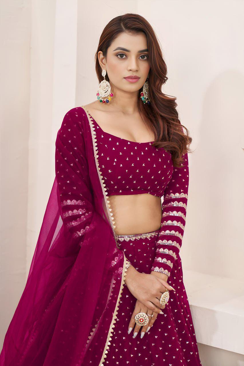 Rani Pink Georgette Lehenga Choli Set | Zari Sequins Embroidery, Festive Wear