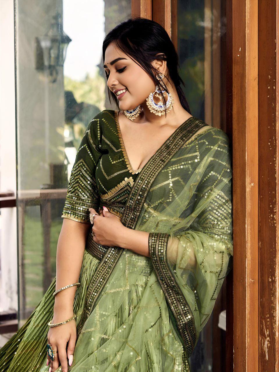 Olive Green Chinnon Lehenga Choli Set | Sequin Embroidered Wedding A-Line Lehenga, Net Dupatta