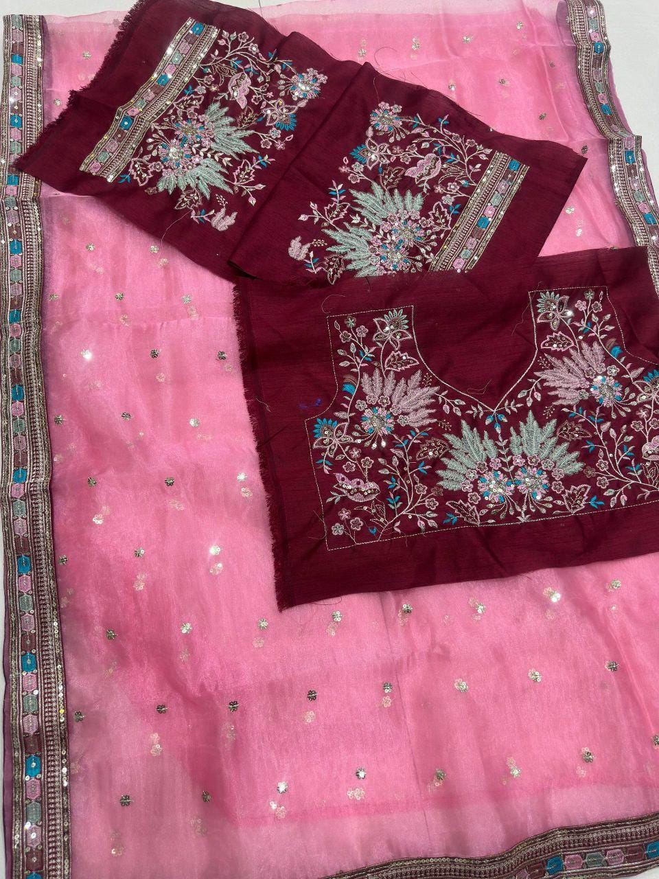 Organza Silk Saree with Embroidery Work & Lace Border | Designer Wedding Saree