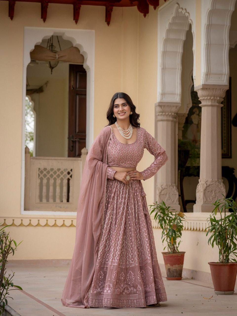 Rosy Brown Faux Georgette Lehenga Choli | Zari Sequin Embroidery, 3.5M Flair, Indian Party Wear