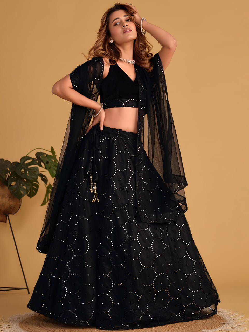 Black Organza Net Lehenga Choli Set | Velvet Sequin Embroidered Blouse, Dupatta