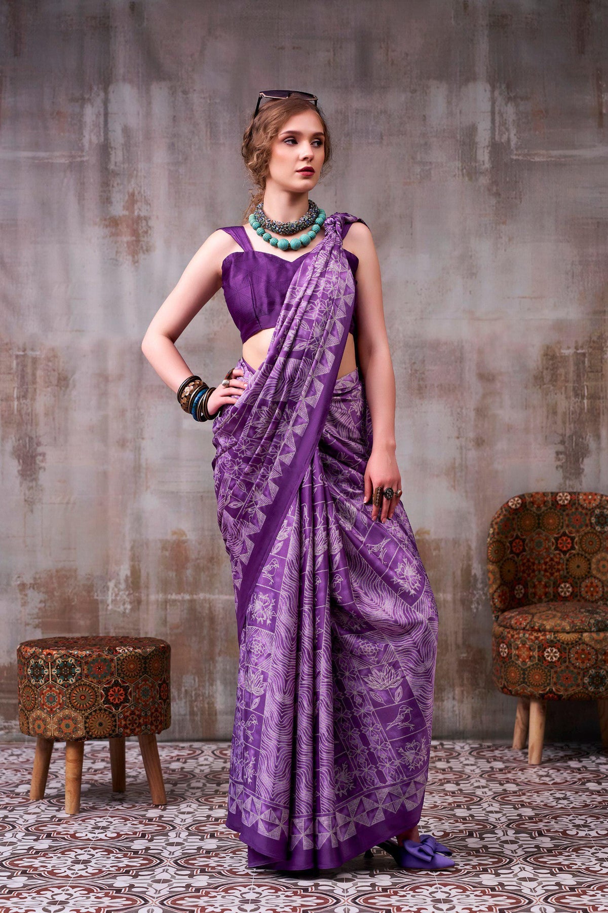 Satin Silk Printed Saree with Unstitched Blouse, Elegant Indian Festive Wear