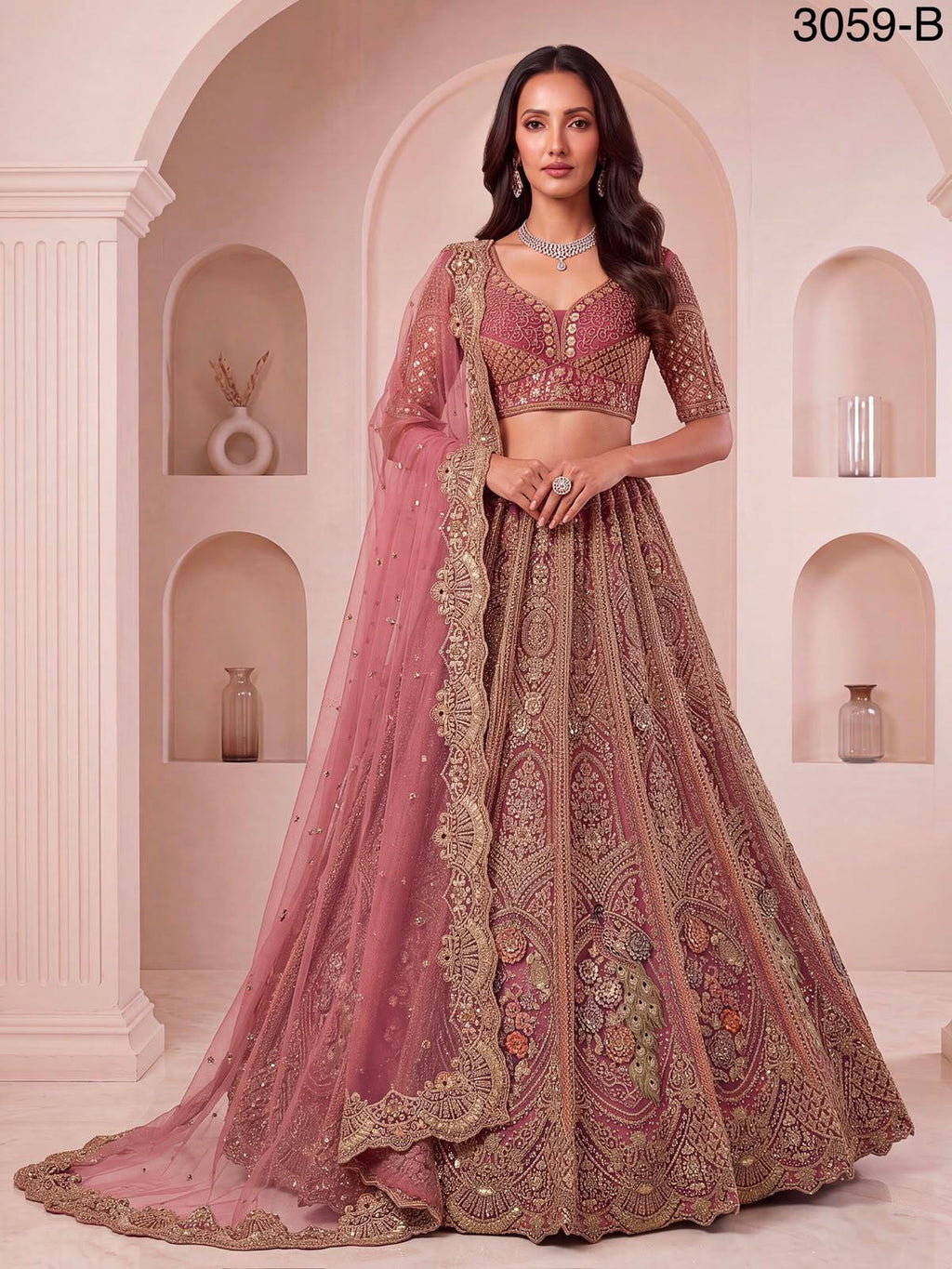 Luxury Peacock Embroidered Bridal Lehenga Choli Set | Zari Sequins Zircon Net Wedding Wear