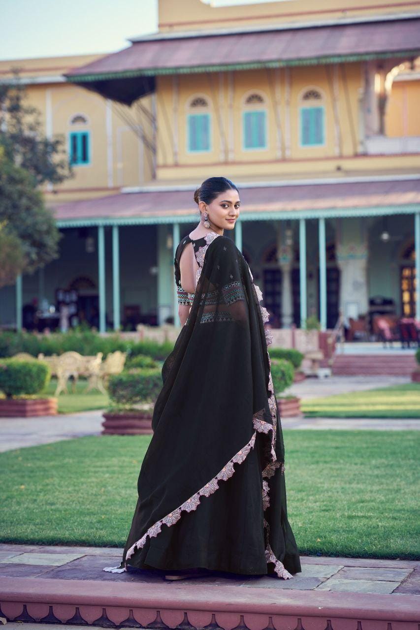Aurum Georgette Lehenga Choli | Thread Sequins Embroidery, 5 Meter Flare, Floral Dupatta