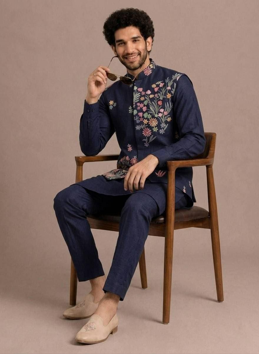 Men's Roman Silk Kurta Pant Set with Embroidered Koti | Festive Ethnic Outfit