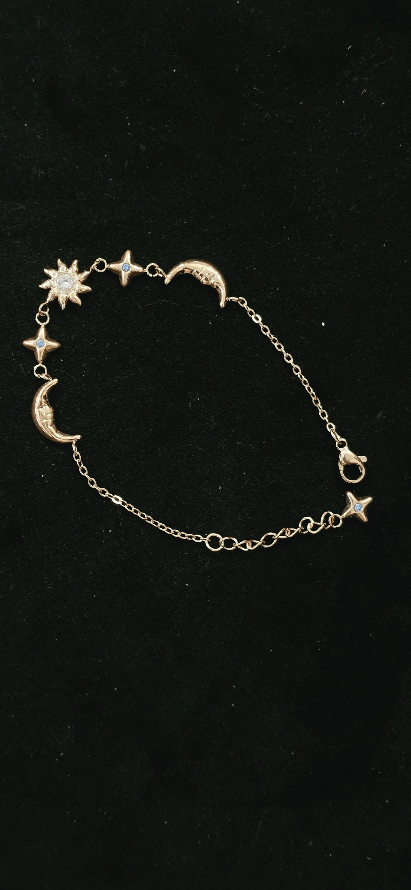 Gold Sun Moon Star Bracelet, Celestial Charm, Stainless Steel, Adjustable Astrology Jewelry