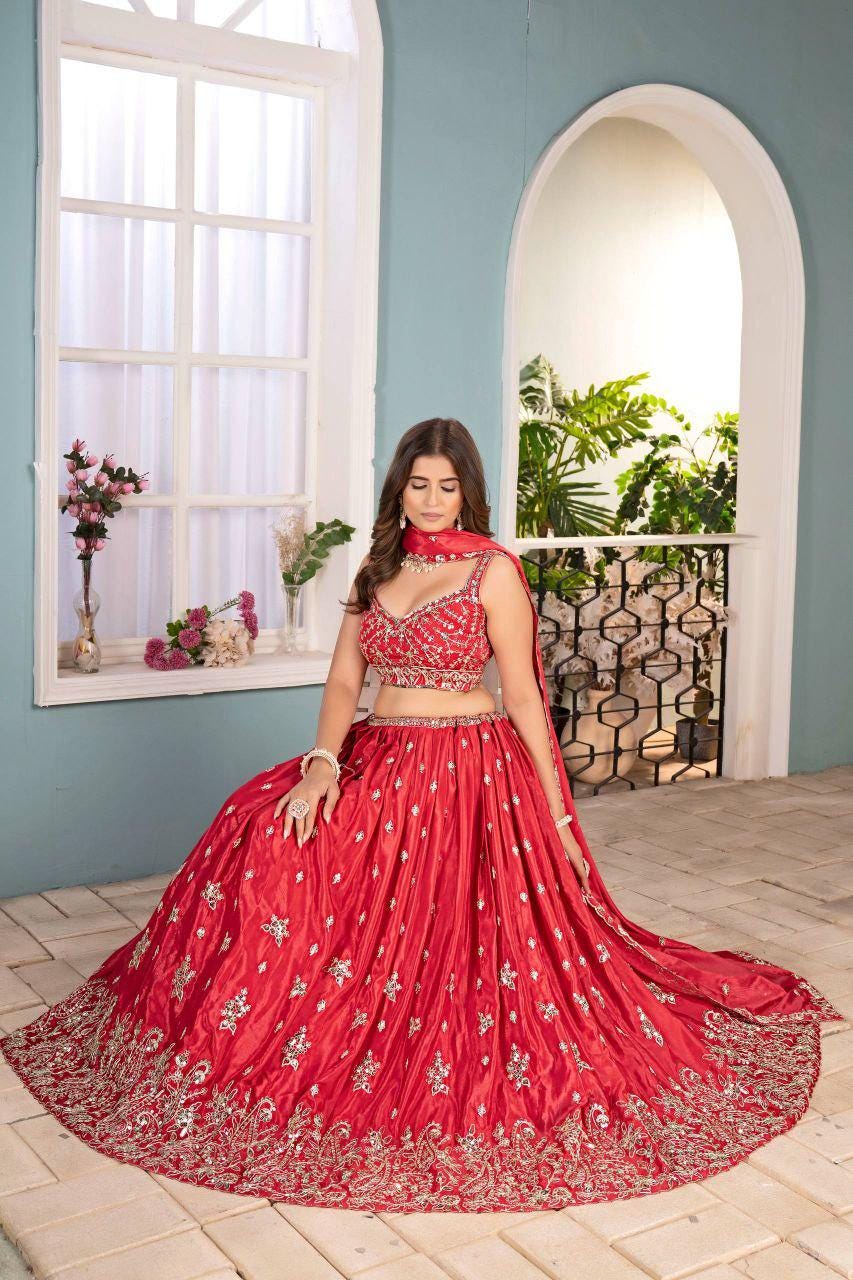 Chinon Lehenga Choli | Sequins, Coding Embroidery, 3.5M Flair Bridal Set
