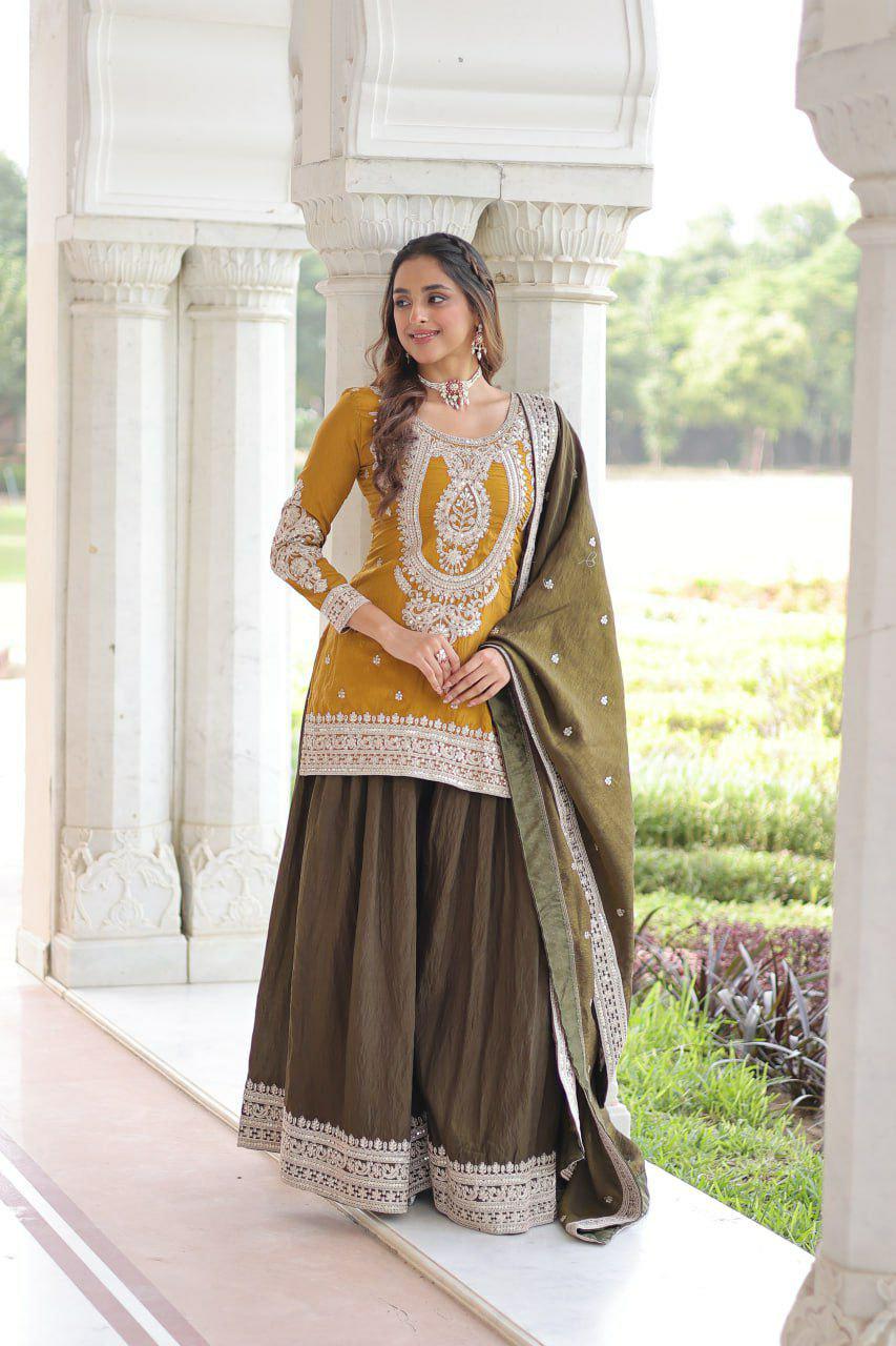 NC Silk Sharara Suit, Sequins Cording Embroidery, Designer Party Wear Kurti Set