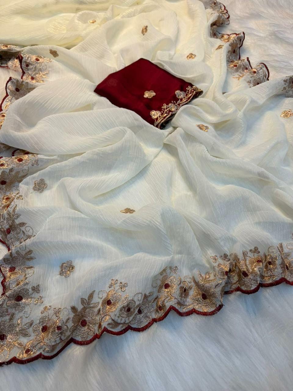 Soft Crunchy Saree with Embroidery, Cutwork Border | Designer Party Wear Saree, Contrast Blouse