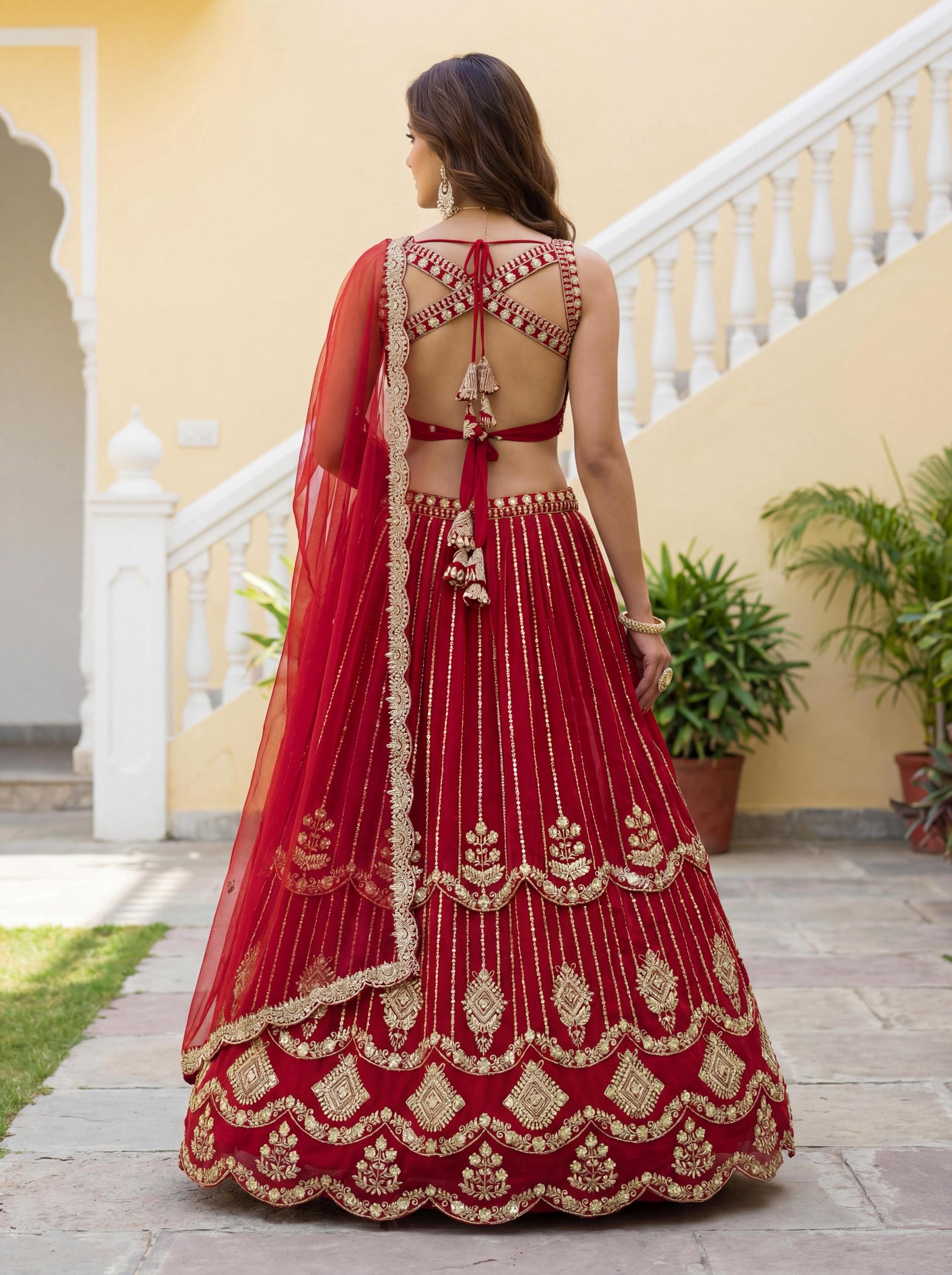 CxC Faux Georgette Lehenga Choli Set, Zari Sequin Embroidery, 3.5 Meter Flair (Semi Stitched)