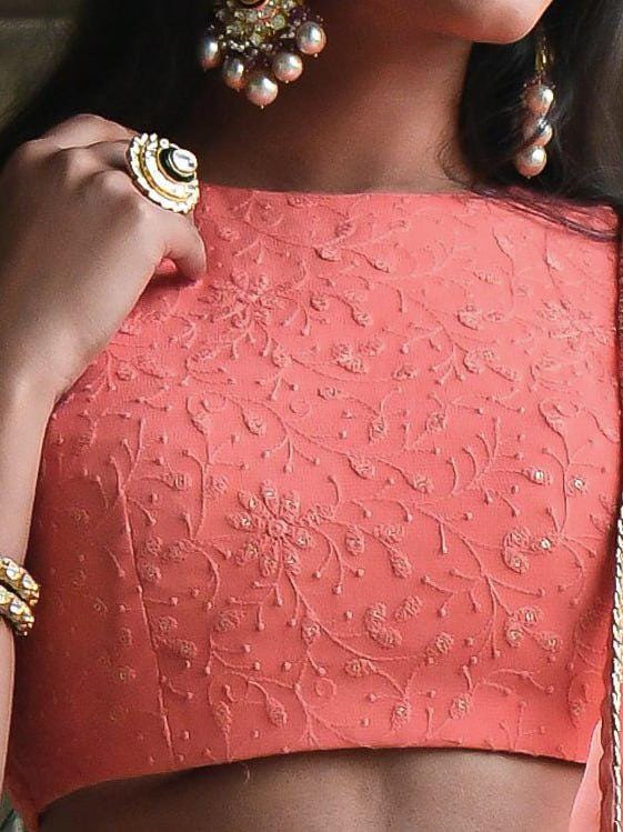 Peach Georgette Lehenga Choli Set | Thread Sequins Embroidered | Semi-Stitched Wedding Outfit