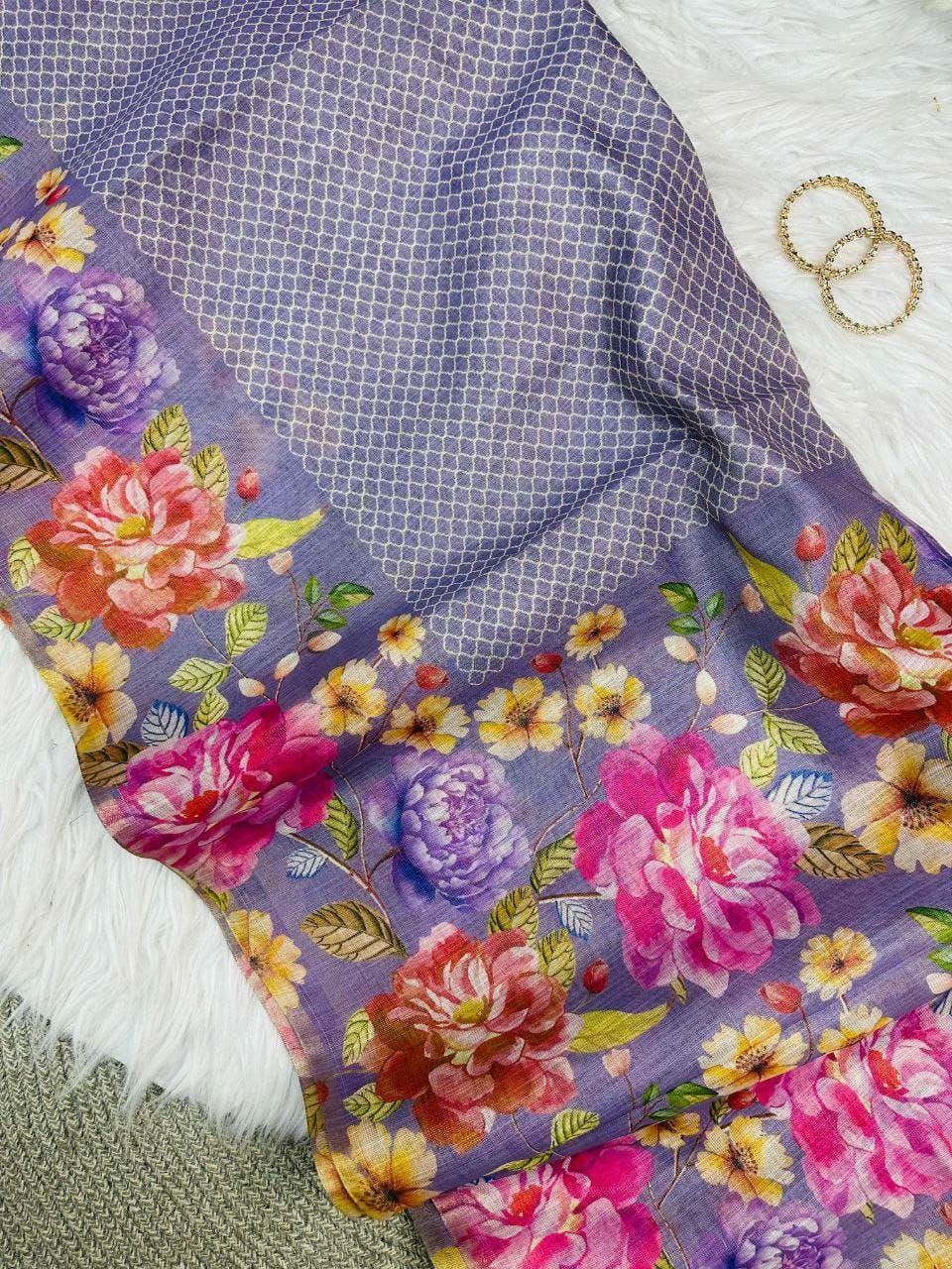 Linen Tissue Floral Print Saree with Running Blouse, Lightweight Casual Ethnic Wear