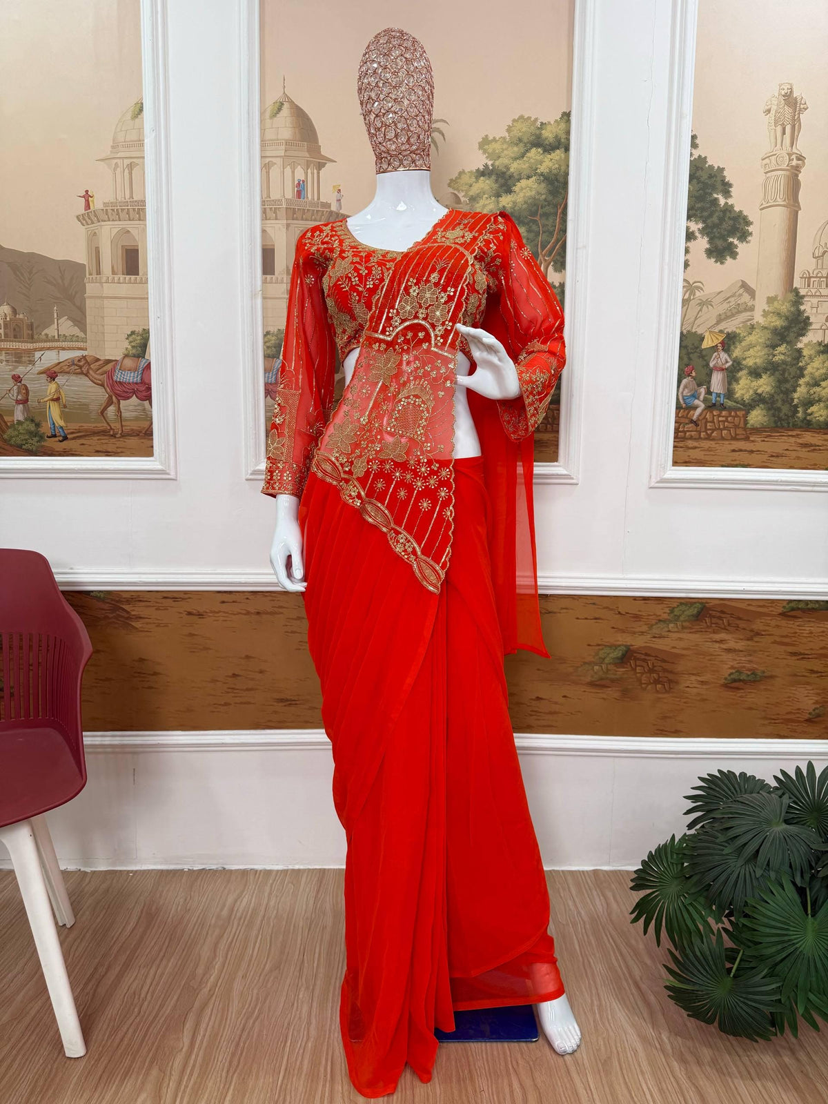 Ready-to-Wear Faux Georgette Saree with Embroidery, Stitched Blouse
