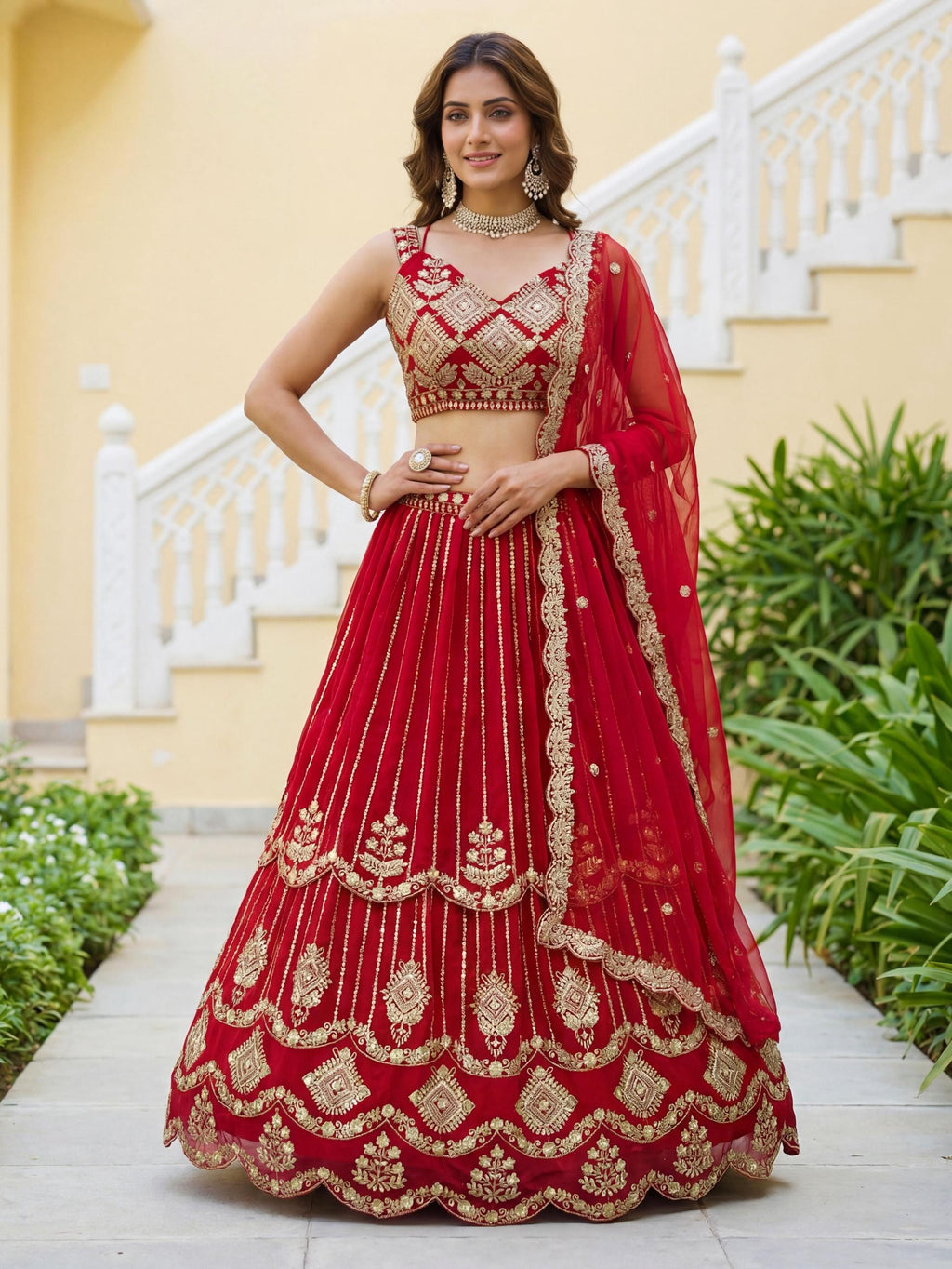 CxC Faux Georgette Lehenga Choli Set, Zari Sequin Embroidery, 3.5 Meter Flair (Semi Stitched)