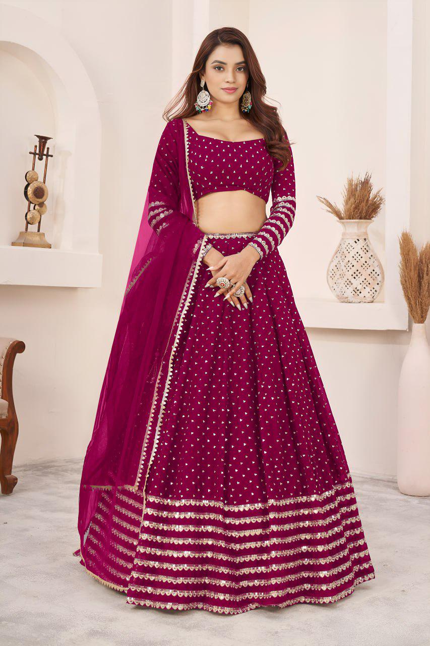 Rani Pink Georgette Lehenga Choli Set | Zari Sequins Embroidery, Festive Wear