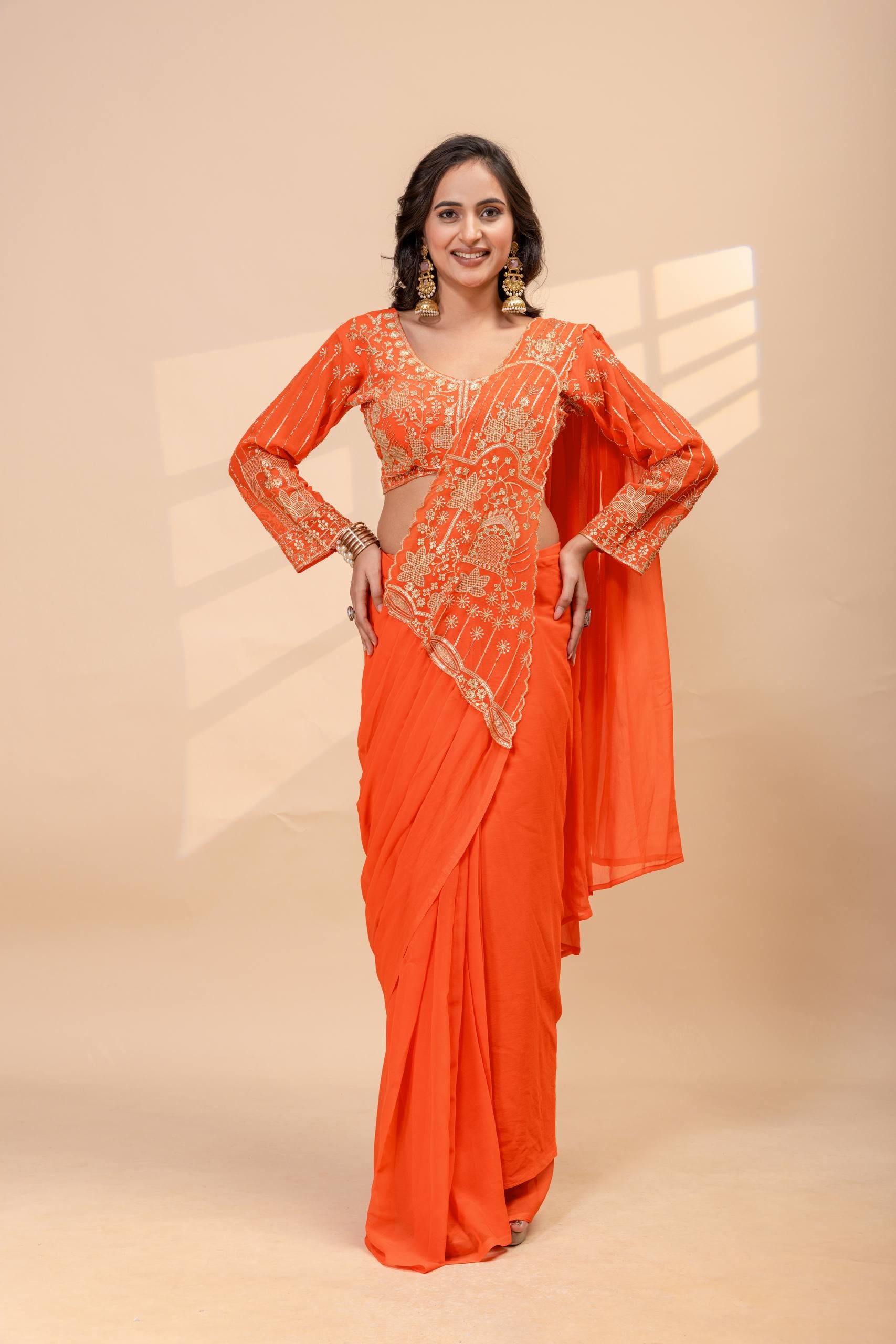 Ready-to-Wear Faux Georgette Saree with Embroidery, Stitched Blouse