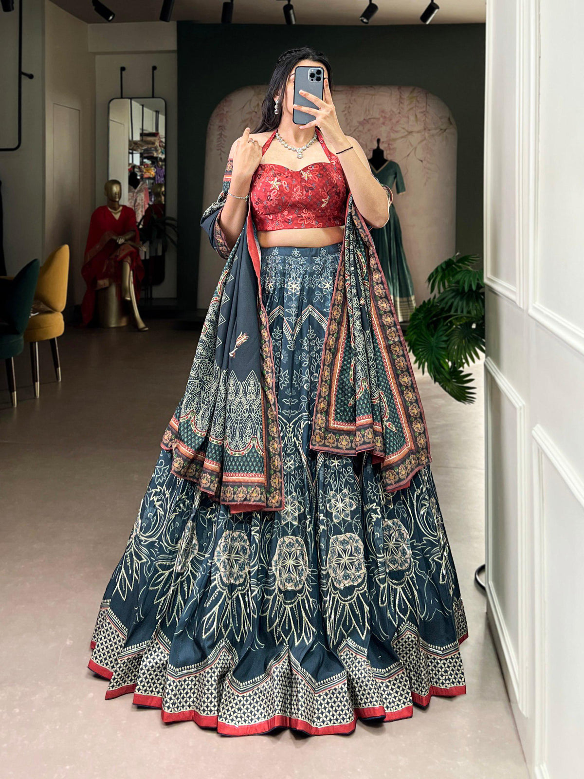 Vaishali Silk Lehenga Choli Set | Printed Beads, Gotta Patti Lace, Festive Wear