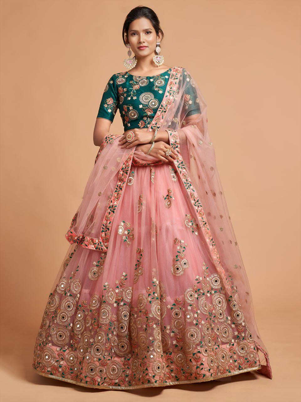 Peach Pink Net Lehenga Choli | Mirror Work, Floral Embroidery, Green Blouse