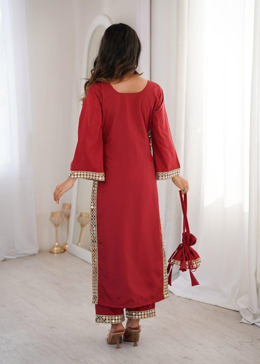 Mirror Work Kurti Pant Set with Batwa Bag, Natural Crepe Ethnic Outfit