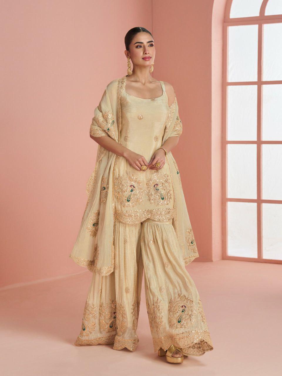 Cream Viscose Crop Top Palazzo Set with Pink Cape, Beads Embroidery Festive Co-Ord