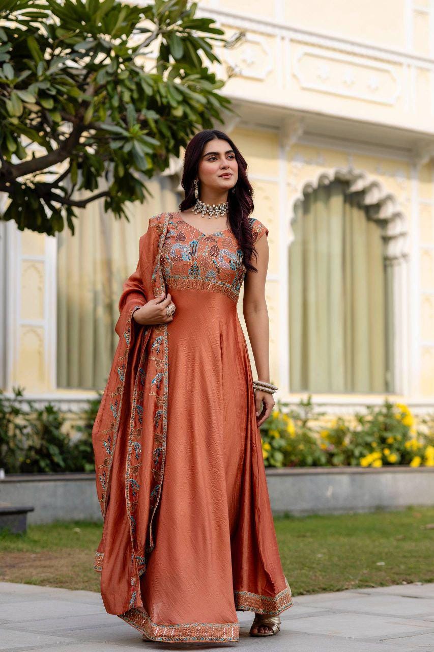 Vichitra Silk Embroidered Gown with Dupatta, Festive Party Wear Ethnic Dress