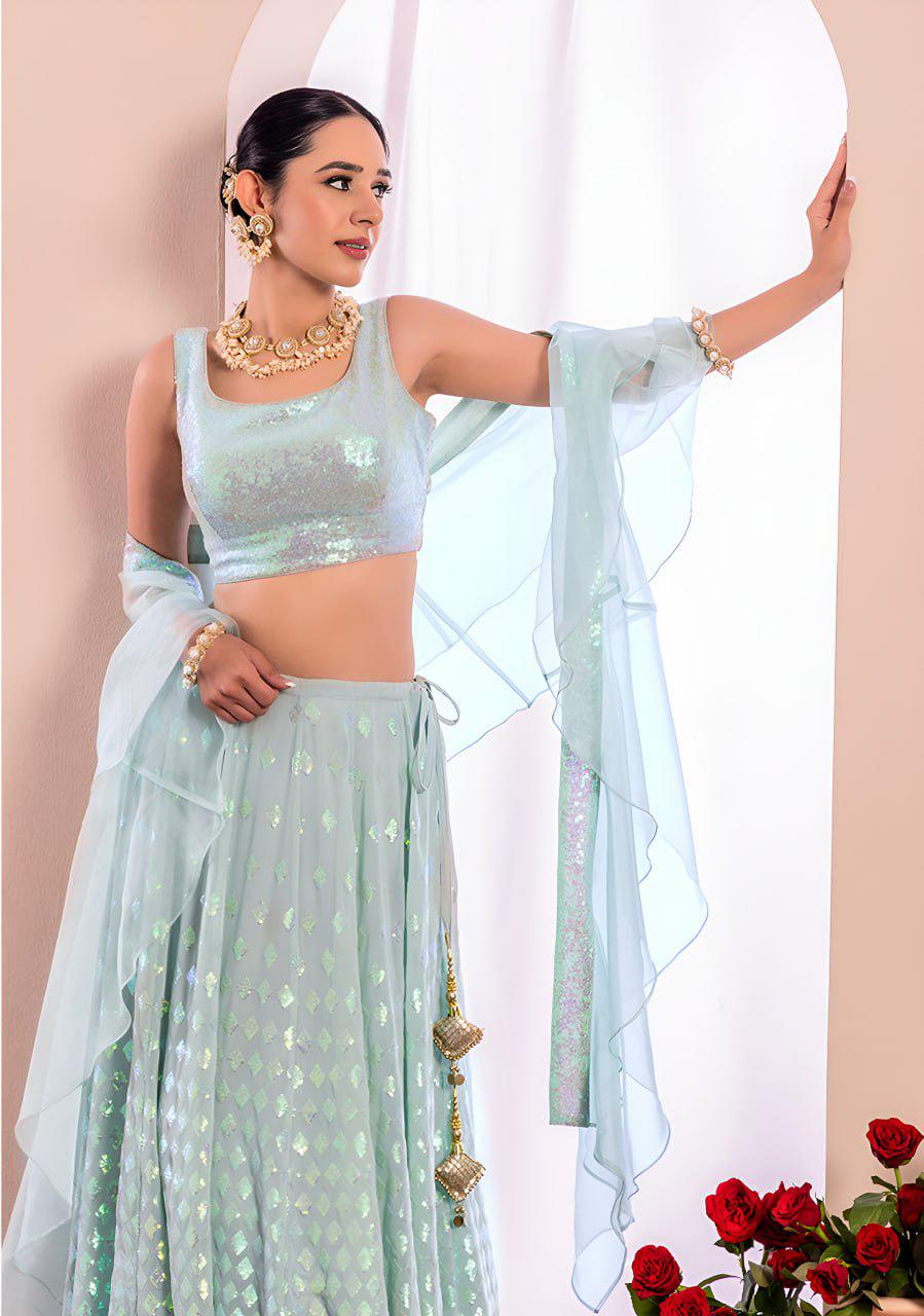 Icy Aqua Heavy Georgette Lehenga Choli | Sequin Embroidered Ruffle Dupatta, Wedding Wear