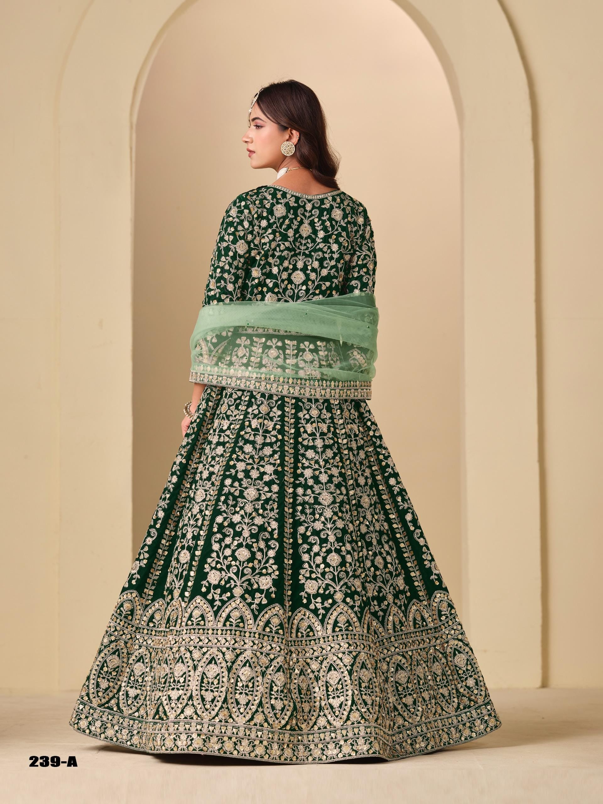 Velvet Embroidered Lehenga Set Net Dupatta, Heavy Work Outfit (Custom Stitch Up to 44)