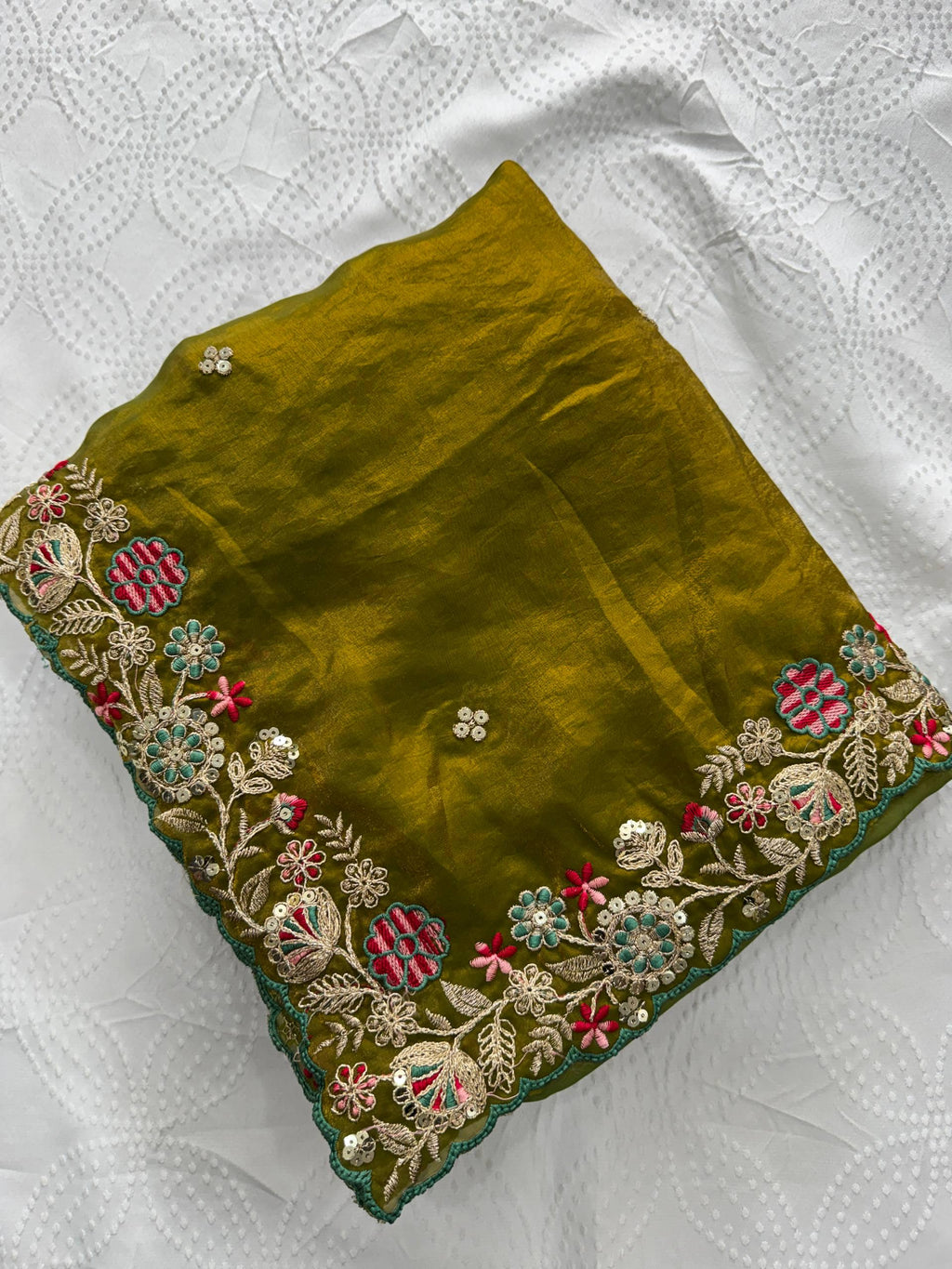 Fendy Satin Silk Saree with Embroidered Butti & Cutwork Border | Wedding Heavy Blouse