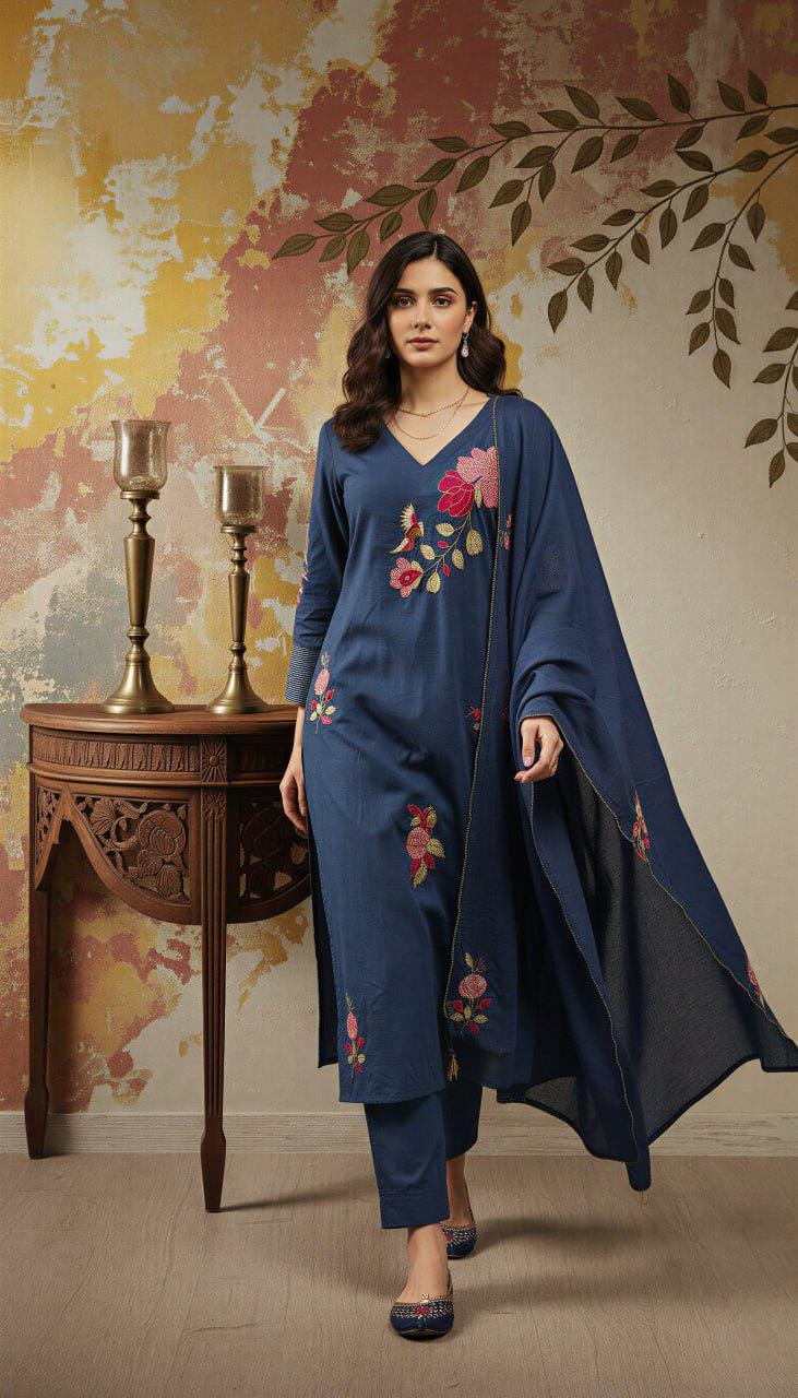 Embroidered Chanderi Silk Kurta Pant Set with Dupatta, Indian Ethnic Festive Wear