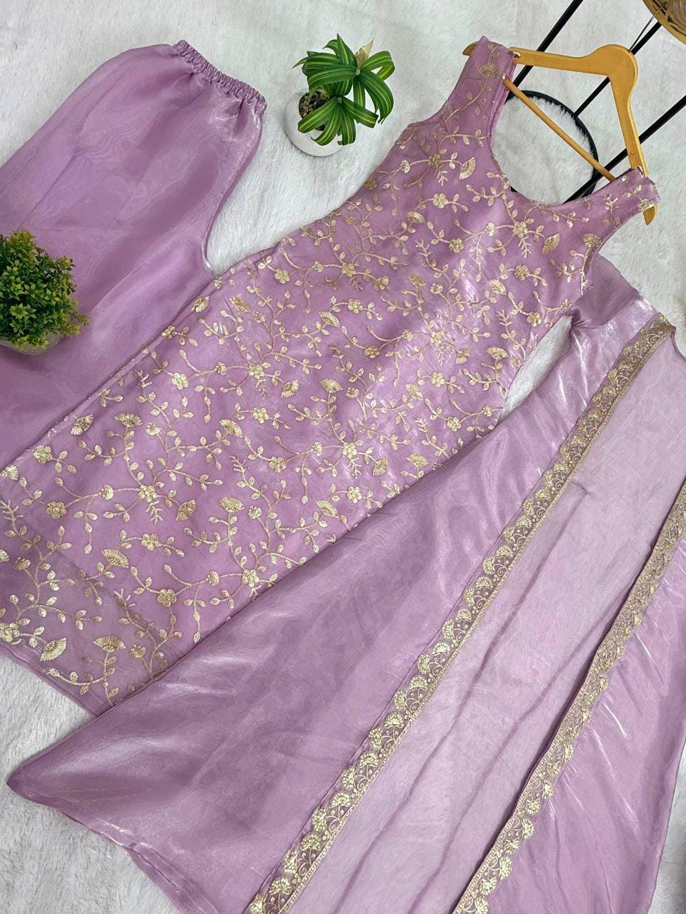 Embroidered Jimmy Silk Kurti Palazzo Set with Long Koti Jacket, Festive Indian Outfit