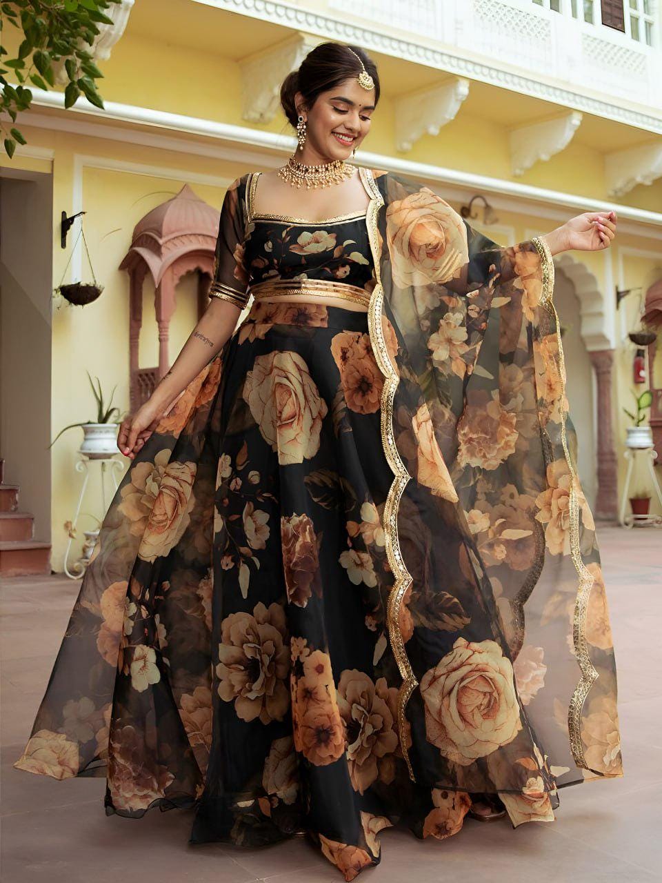 Black Floral Organza Lehenga Choli, Gota Patti Work, Semi-Stitched A-Line Set
