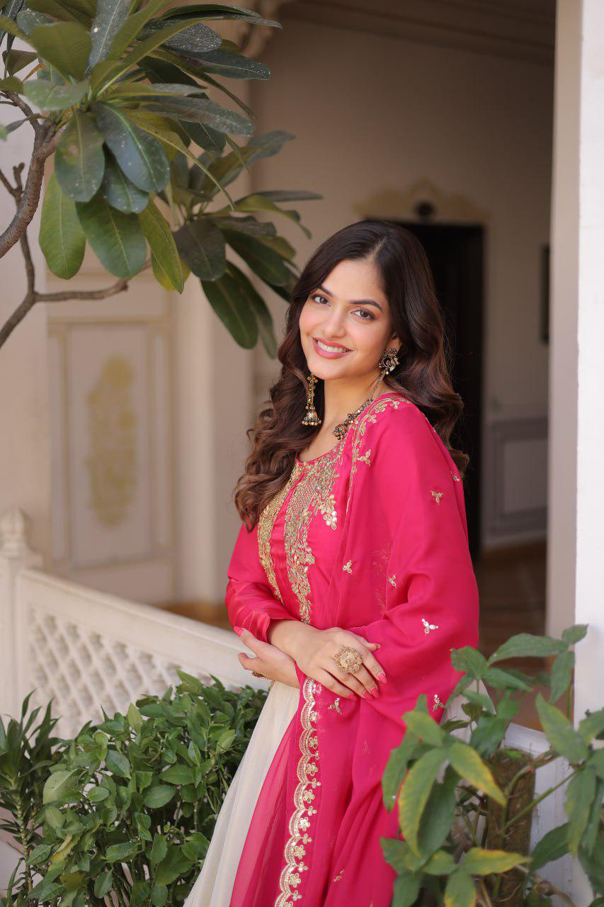 Glass Roman Anarkali Gown Set, Sequins Embroidery, Tabby Silk Dupatta, Festive Wear