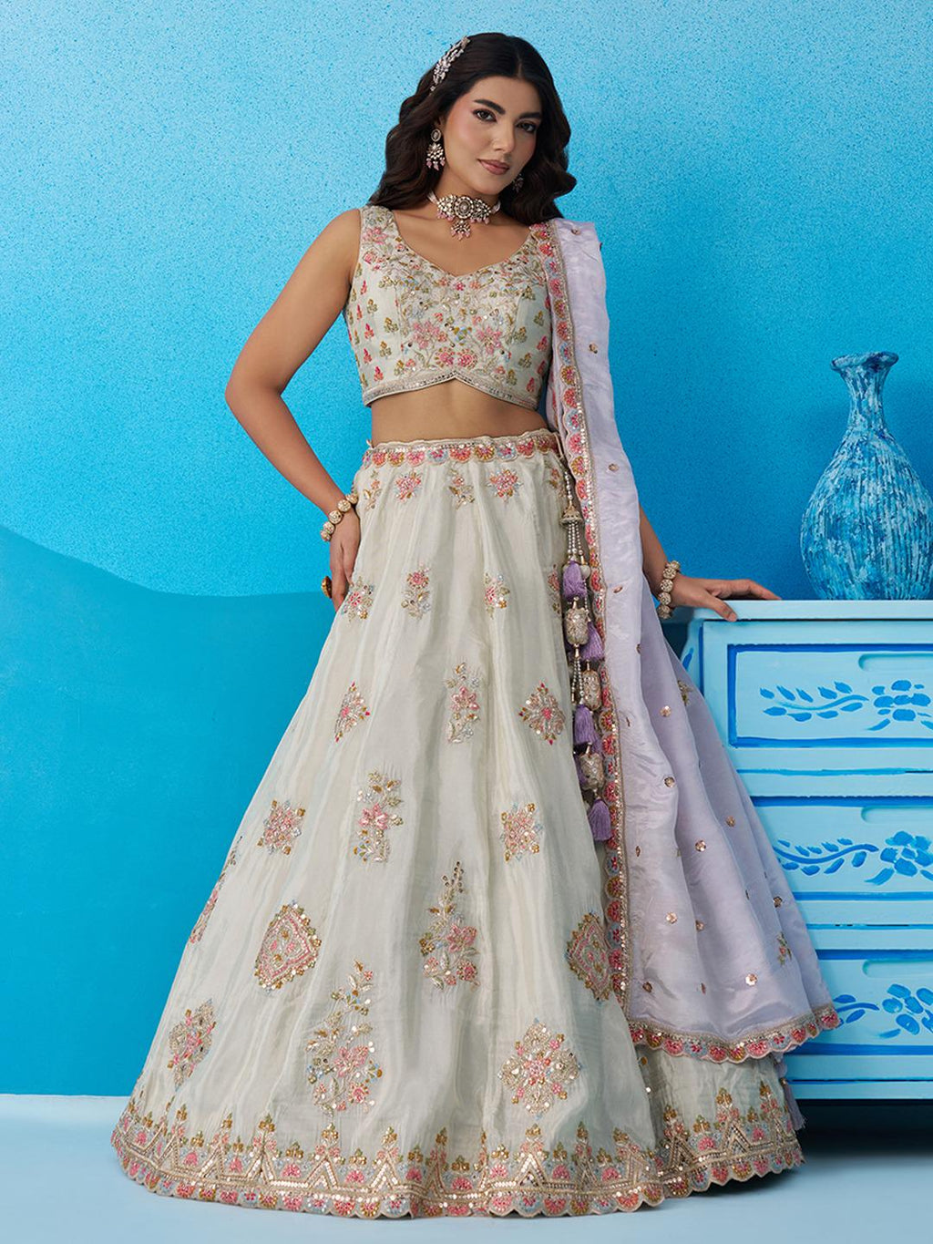 Peach Tissue Lehenga Choli, Zari Embroidery, Sky Dupatta, Wedding Party Wear