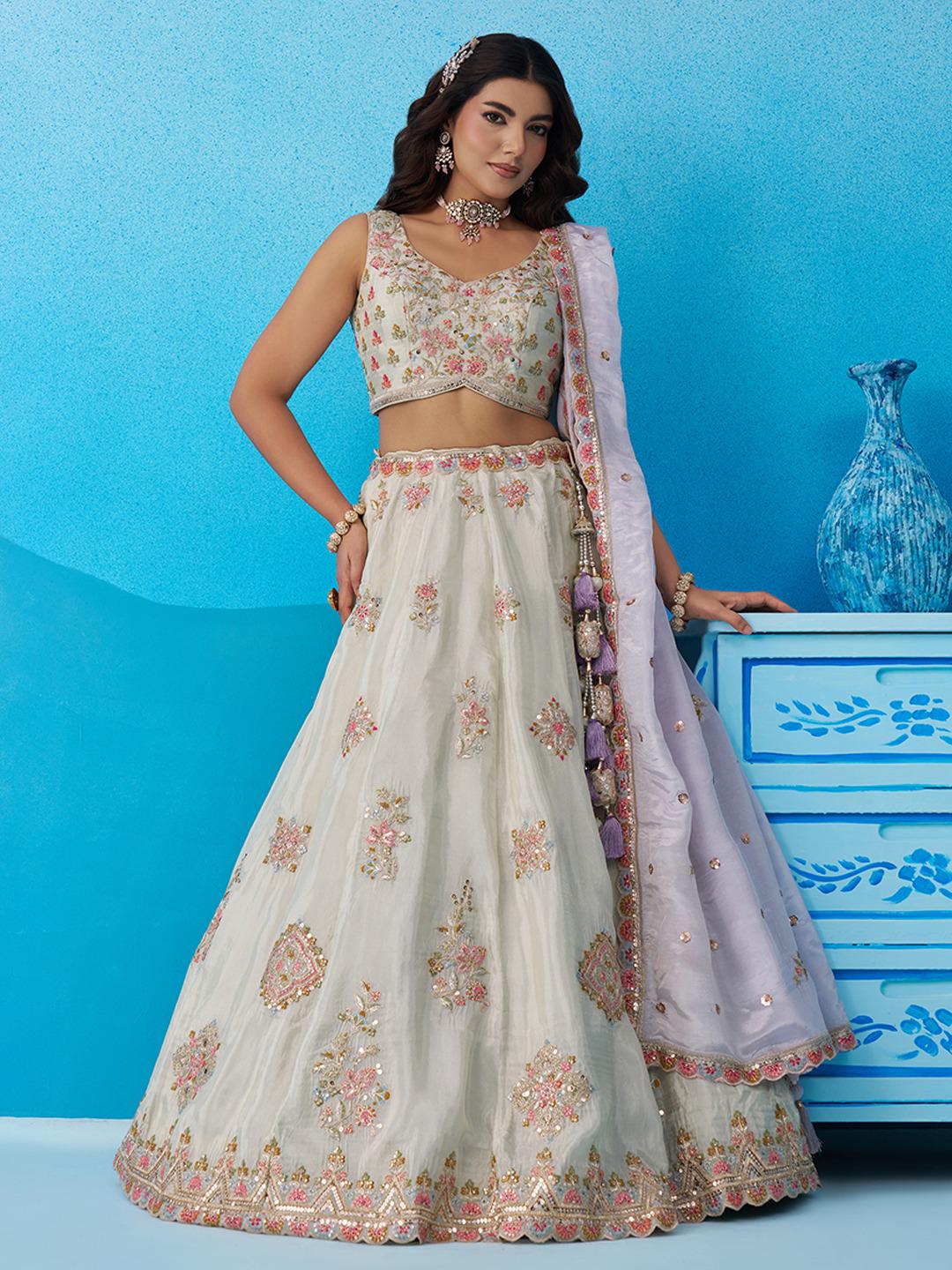 Peach Tissue Lehenga Choli, Zari Embroidery, Sky Dupatta, Wedding Party Wear