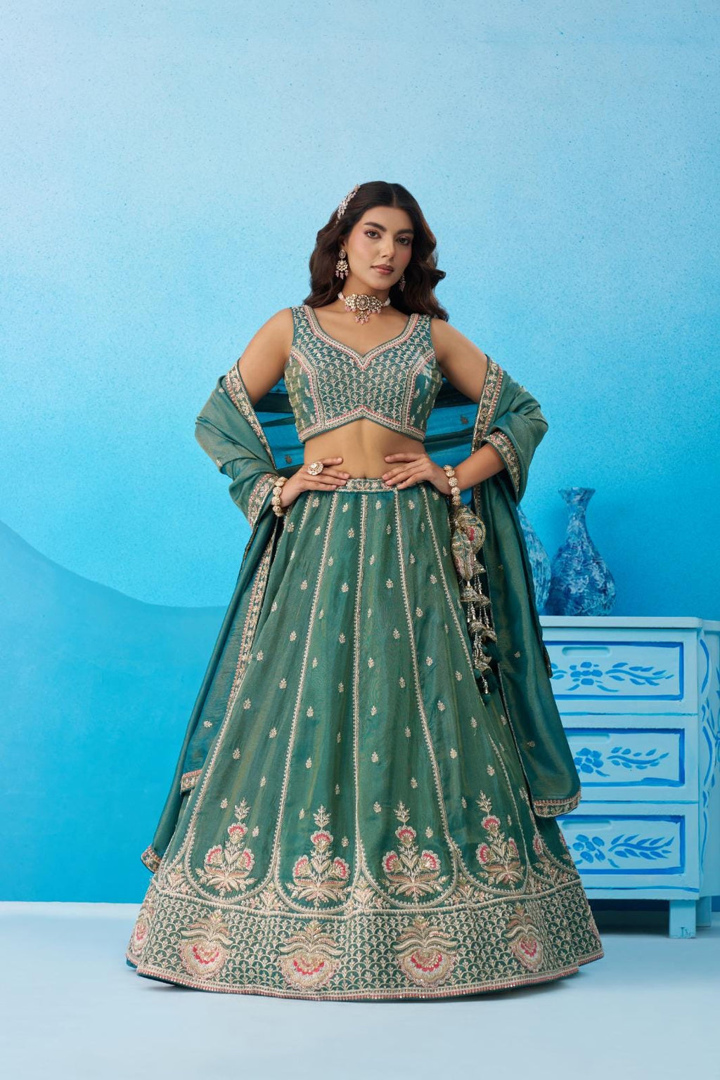 Teal Tissue Lehenga Choli Set, Beads Sequins Embroidery, Indian Wedding Outfit