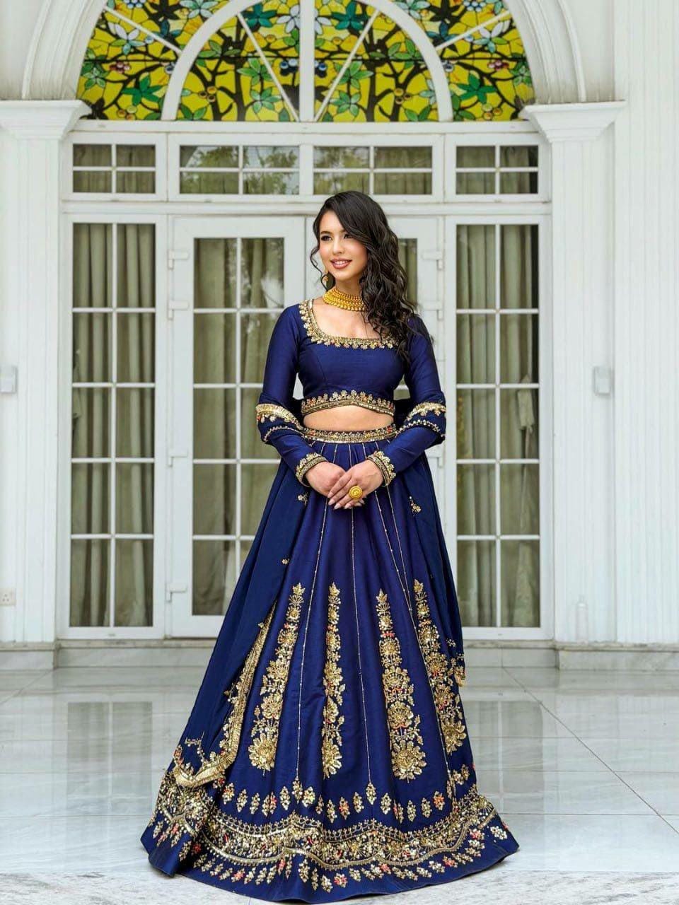 Embroidered Chinon Lehenga Choli Set | Wedding Festive Wear, Sequin Work Dupatta