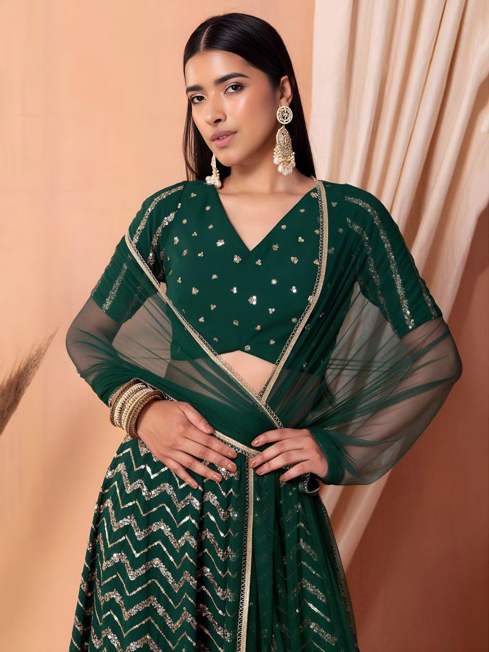 Green Georgette Lehenga Choli Set | Sequin Embroidered Wedding Party Wear (Semi-Stitched)